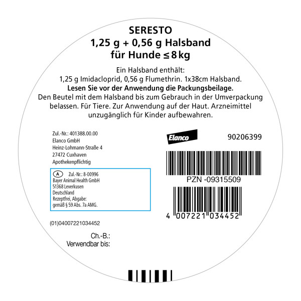 SERESTO 1,25g + 0,56g Halsband für Hunde bis 8kg
