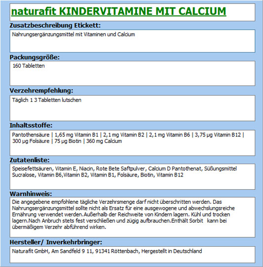 NATURAFIT Kindervitamine m.Calcium Lutschtabletten
